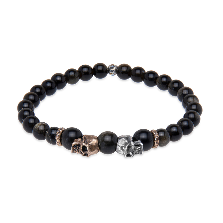 Kuro obsidian bead bracelet with 925 silver and bronze skulls
