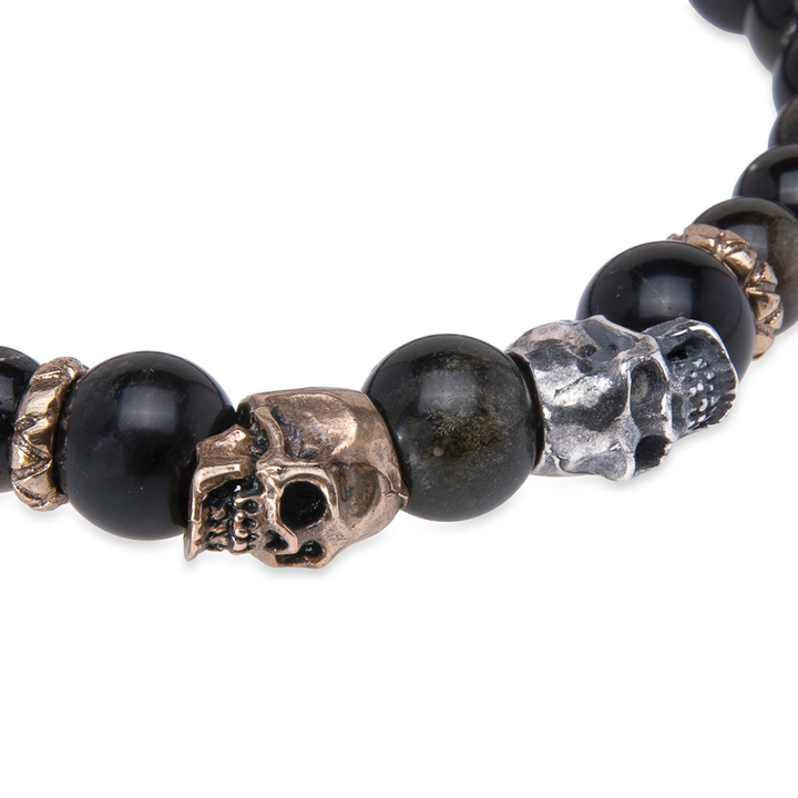 Kuro obsidian bead bracelet with 925 silver and bronze skulls