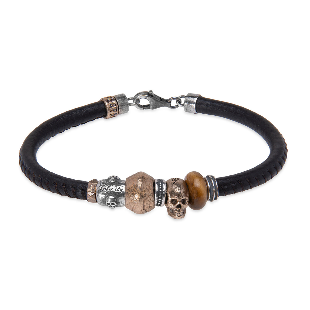 Tatakai leather bracelet with bronze skull and tiger's eye resin