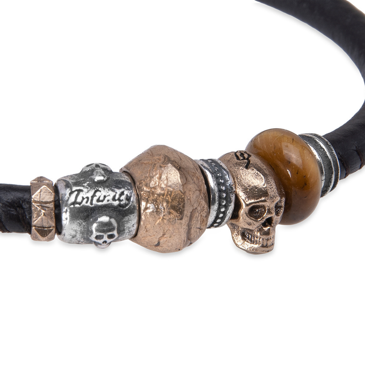 Tatakai leather bracelet with bronze skull and tiger's eye resin