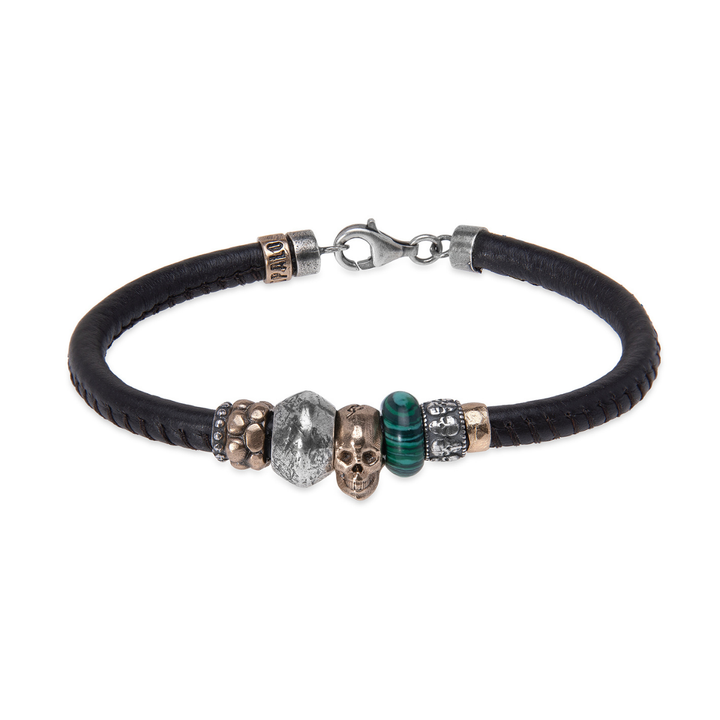 Pulsera Koshin de cuero con calavera de bronce y resina jade