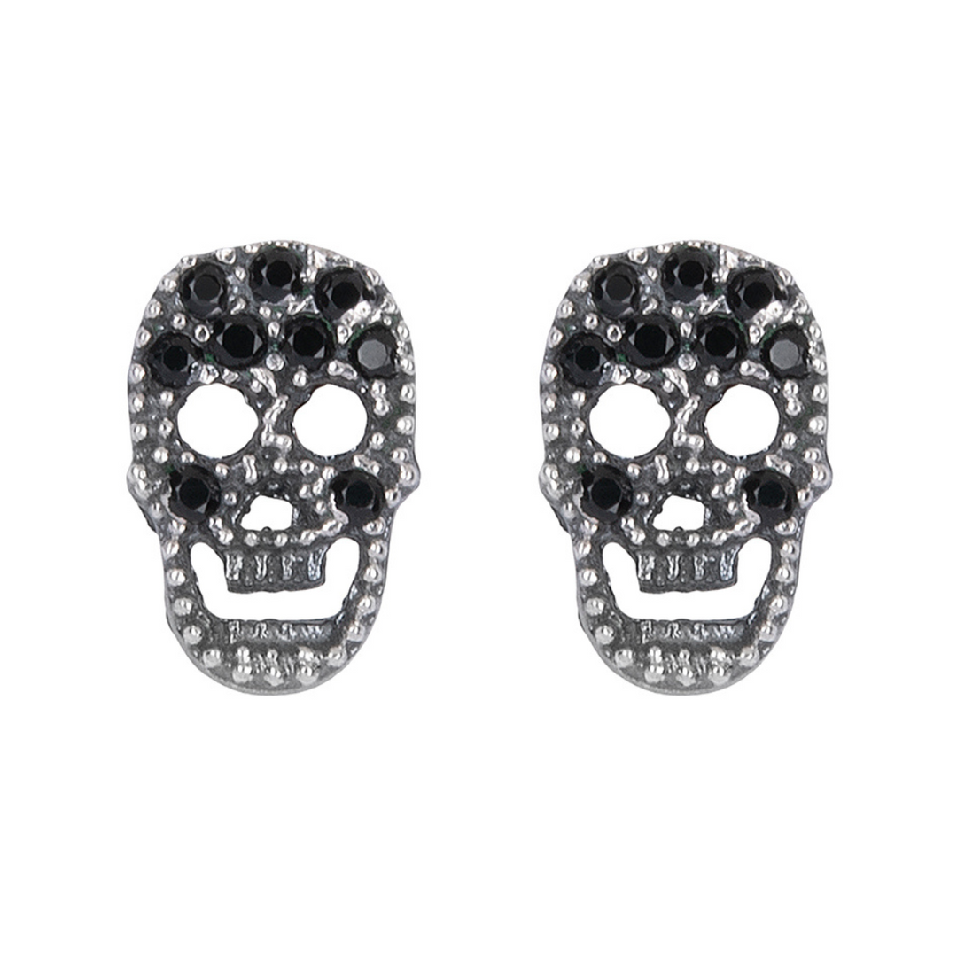 Seikatsu Ohrringe mit 925er Silber-Totenkopf und schwarzem Zirkonia