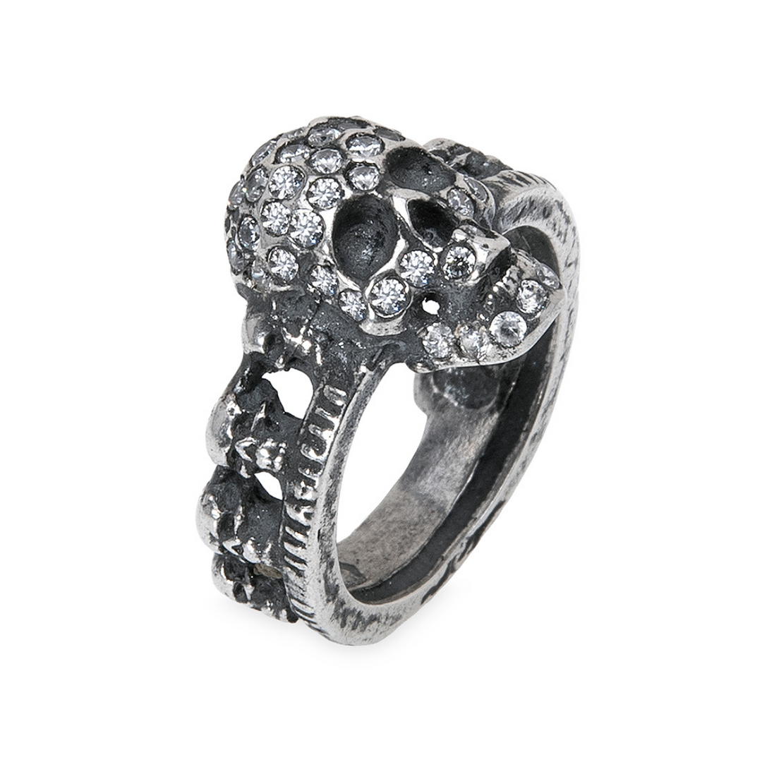 Kurai Tama Ring mit 925er Silber-Totenköpfen und weißem Zirkonia