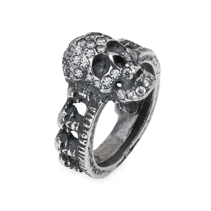 Kurai Tama Ring mit 925er Silber-Totenköpfen und weißem Zirkonia