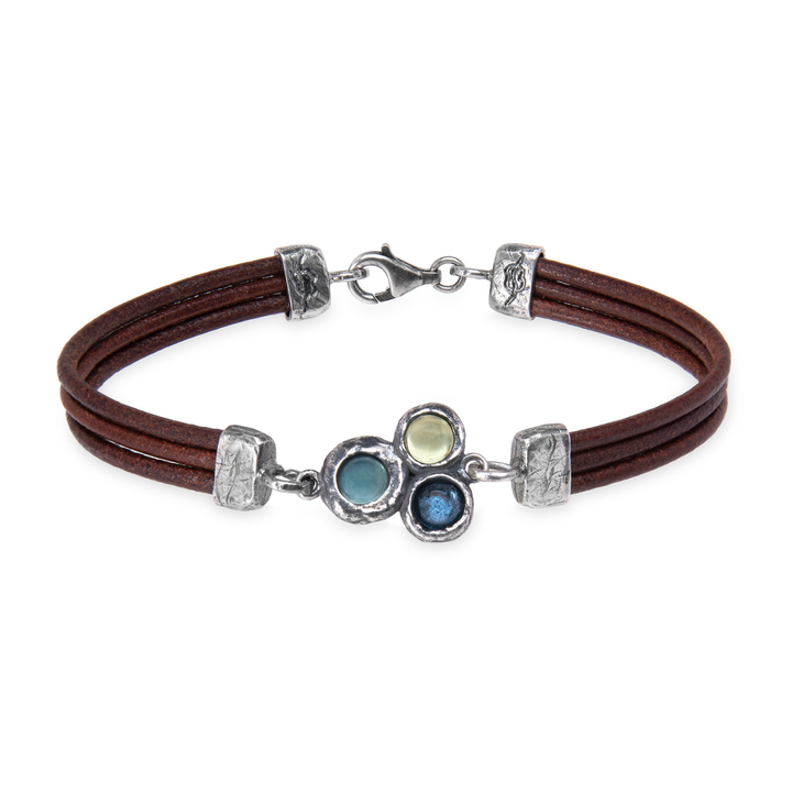 Kaiko women's leather bracelet with a 925 silver center and aquamarine, green, and olivine