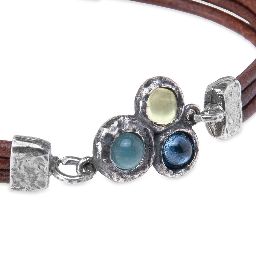 Kaiko women's leather bracelet with a 925 silver center and aquamarine, green, and olivine