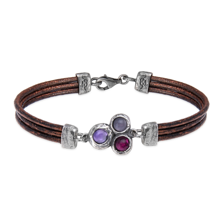 Satori Damen-Lederarmband aus 925er Silber mit Rubin, Rose und Amethyst.