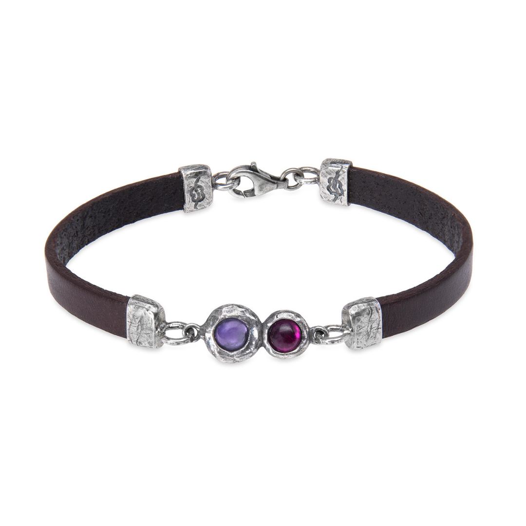 Kage women's leather bracelet in 925 silver with ruby ​​and amethyst.