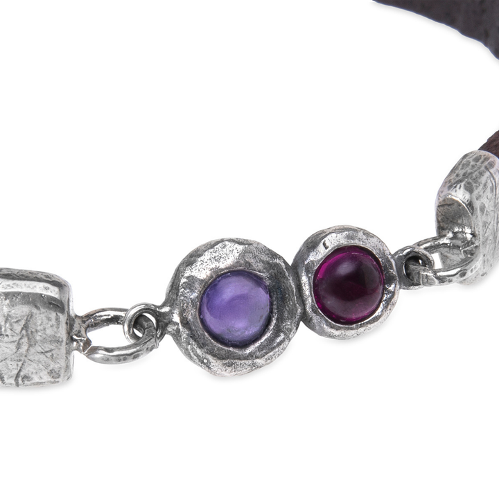 Kage women's leather bracelet in 925 silver with ruby ​​and amethyst.