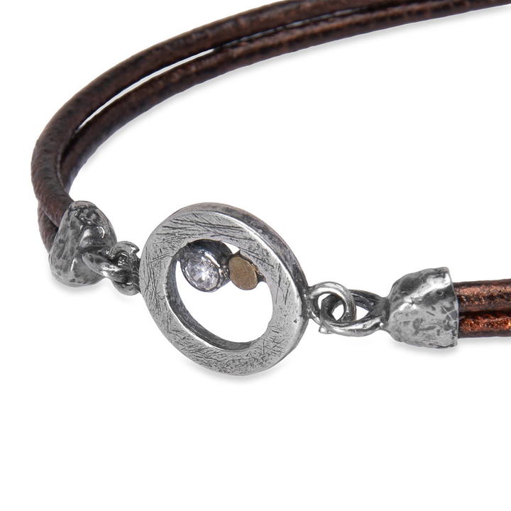 Engi women's leather bracelet with a 925 silver spiral and a bronze point