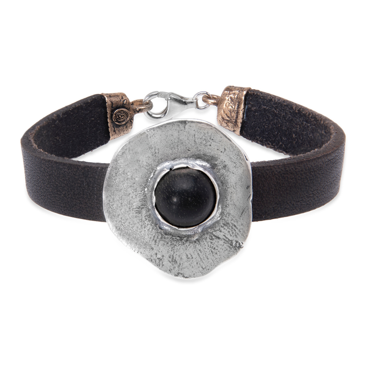 Hagane Damen-Lederarmband mit 925er Silber und Onyx-Mitte