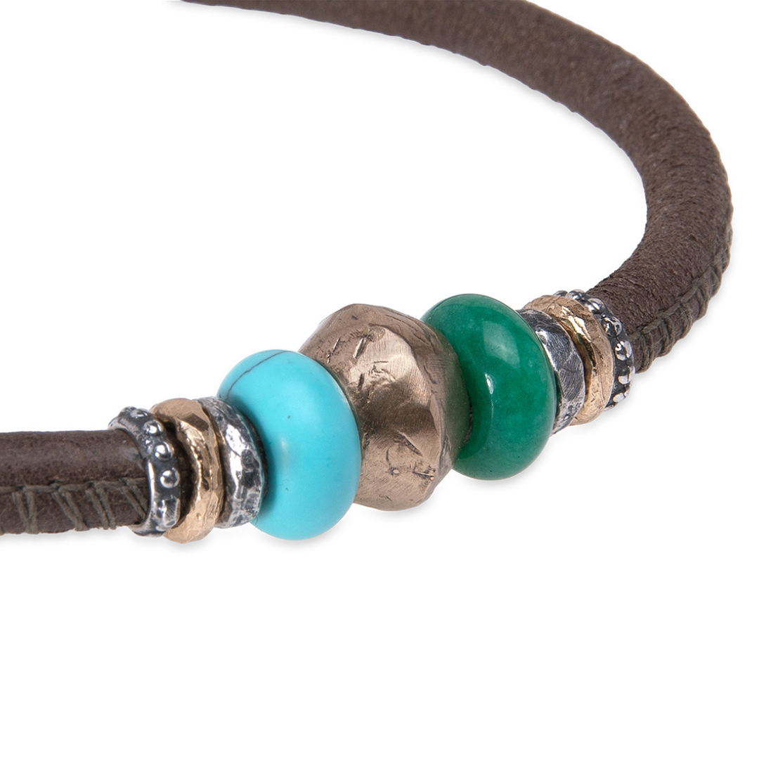 Hana Damen-Lederarmband mit Bronze- und Türkisstücken 