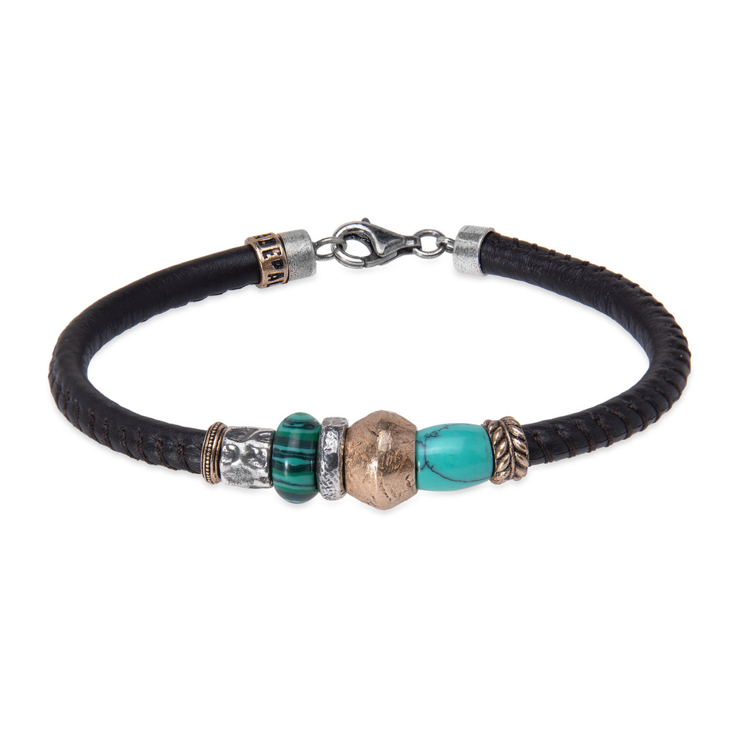 Jonetsu Damen-Lederarmband mit Bronze- und Türkisstücken