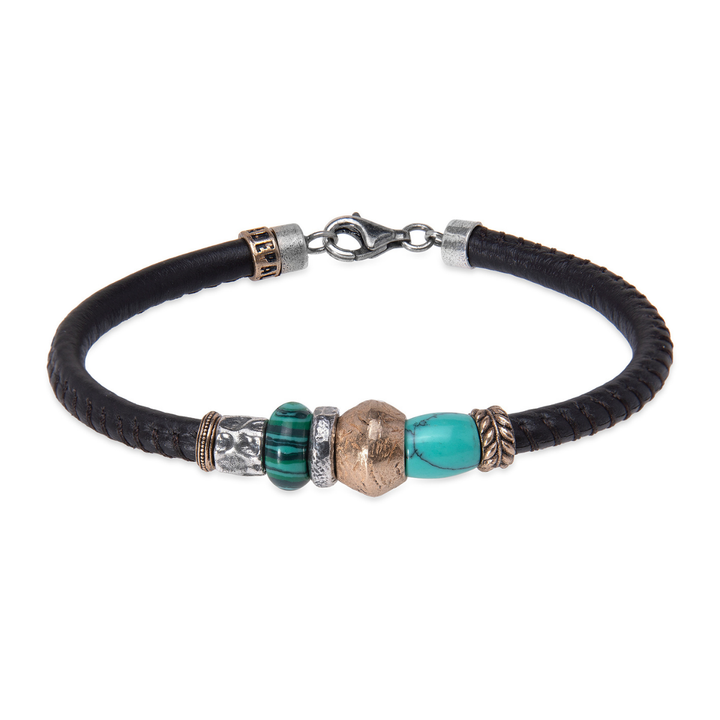 Jonetsu Damen-Lederarmband mit Bronze- und Türkisstücken