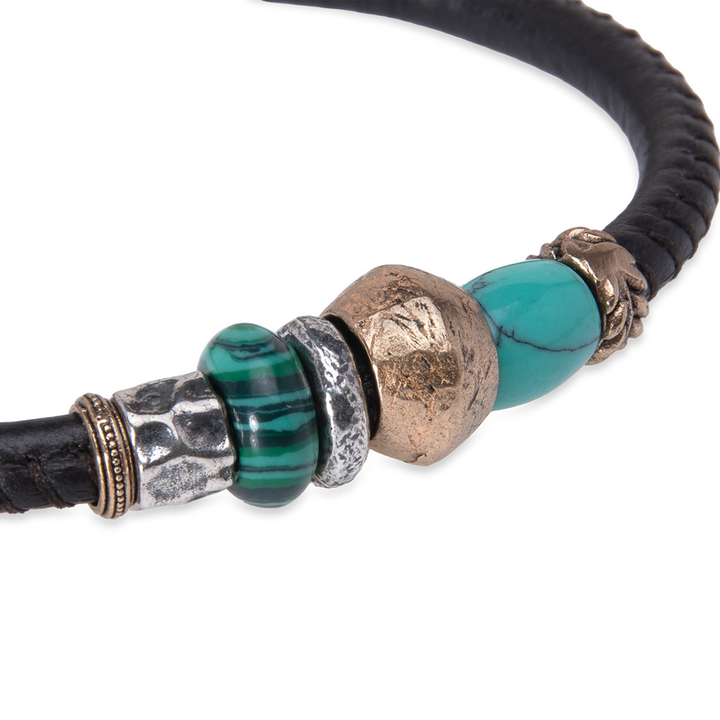 Jonetsu Damen-Lederarmband mit Bronze- und Türkisstücken