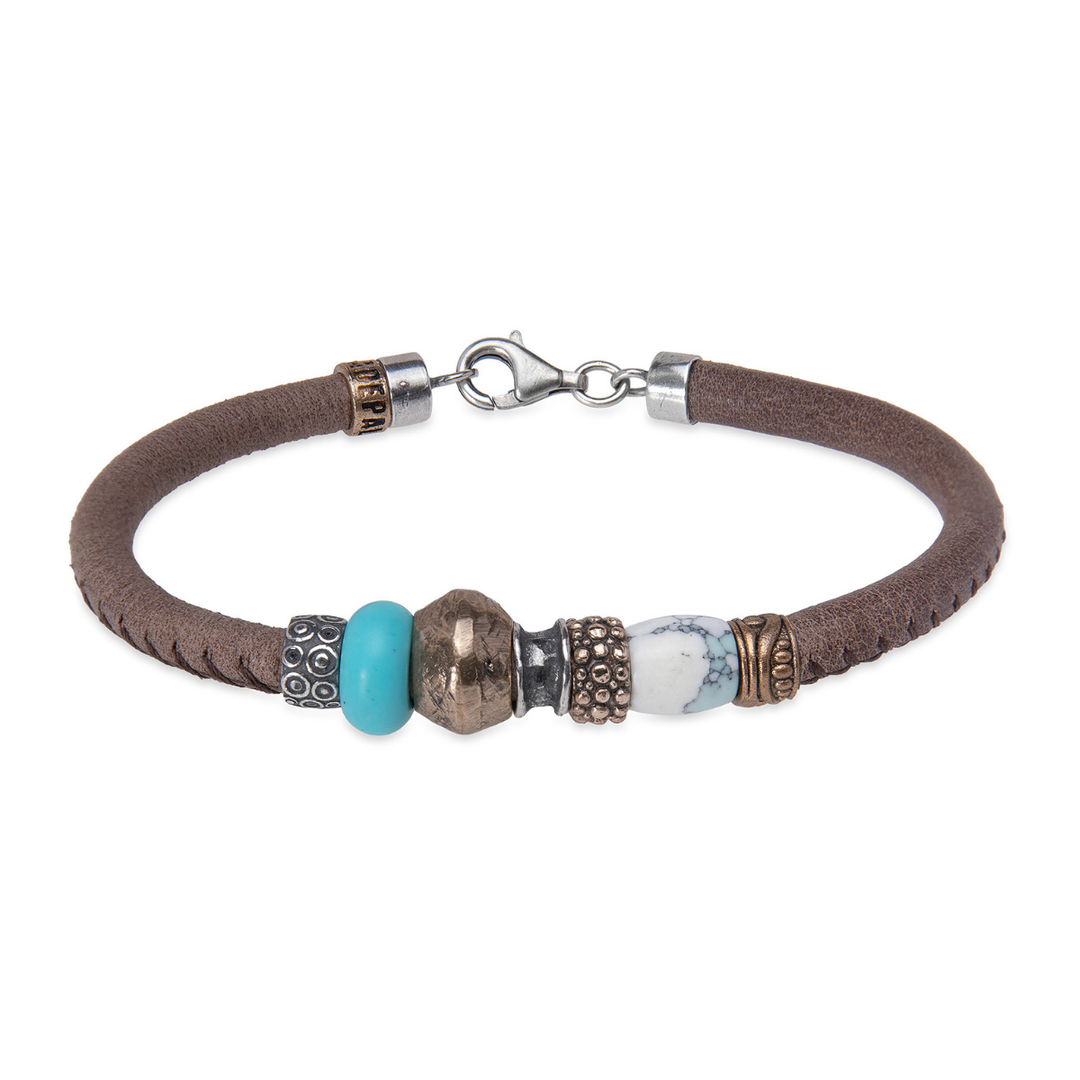 Shin Damen-Lederarmband mit Bronzestücken und weißlichem Stein