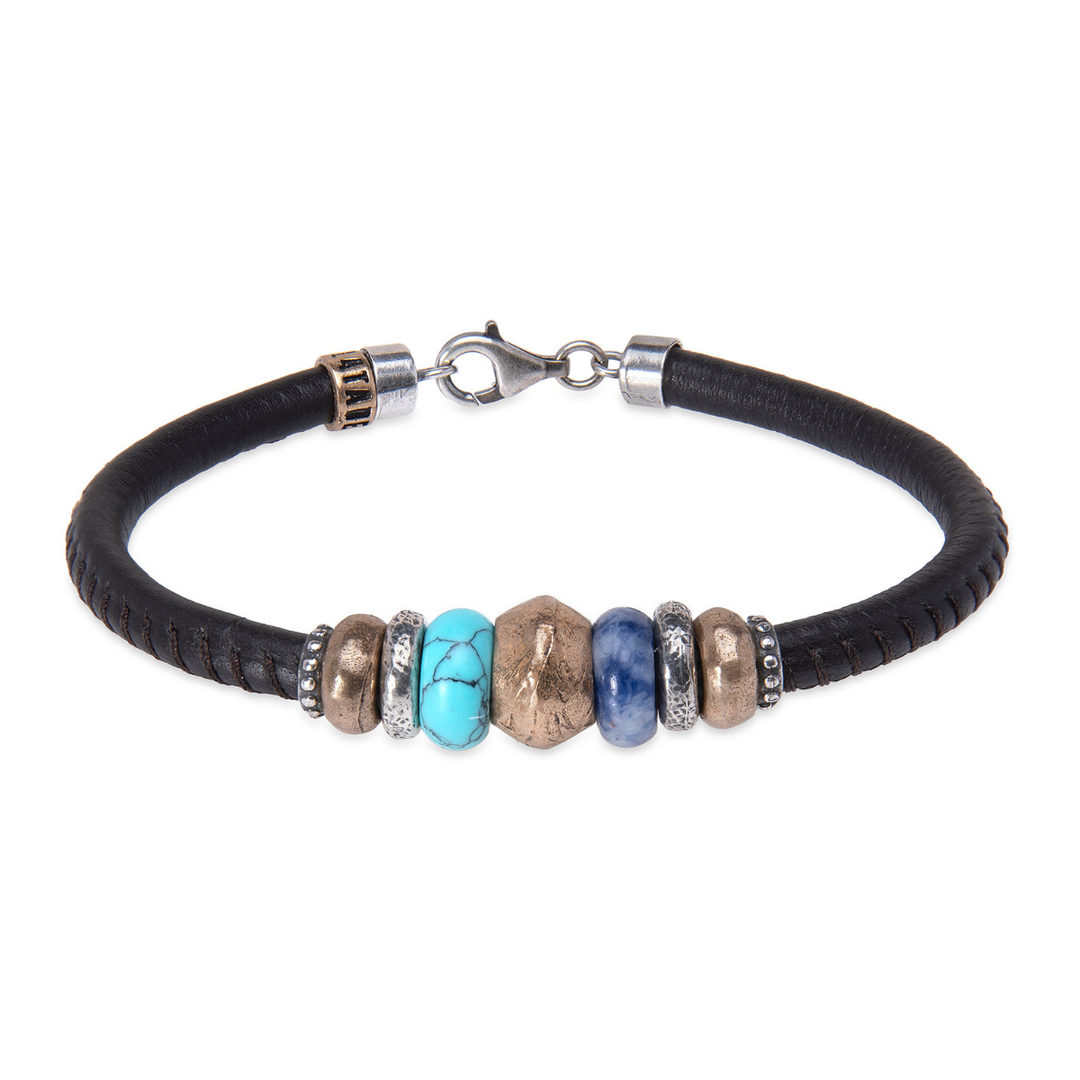 Kaze Damen-Lederarmband mit bronzenen und türkisfarbenen Stücken