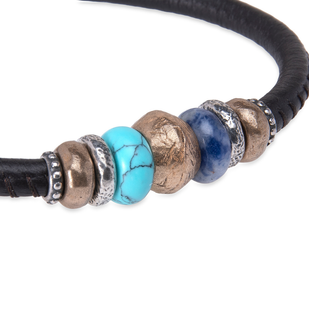 Kaze Damen-Lederarmband mit bronzenen und türkisfarbenen Stücken