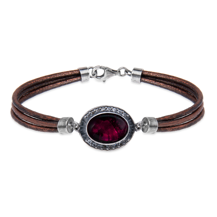 Kurai Damen-Lederarmband mit 925er Silbermitte und Granat- und Zirkonsteinen