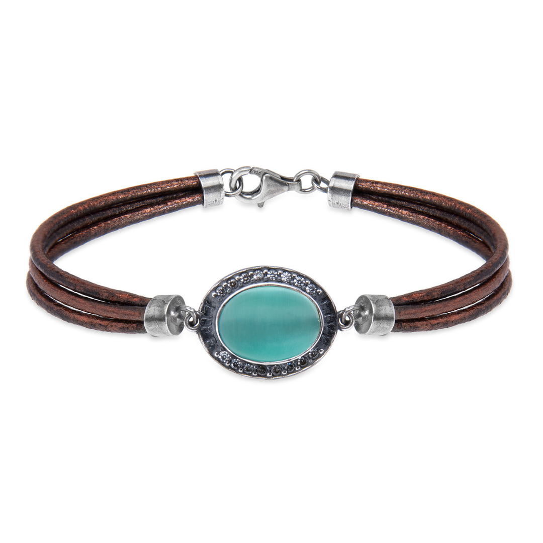 Meikai Damen-Lederarmband mit blauem Stein und Zirkonanhänger