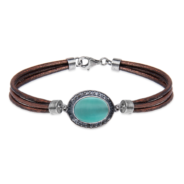 Meikai Damen-Lederarmband mit blauem Stein und Zirkonanhänger