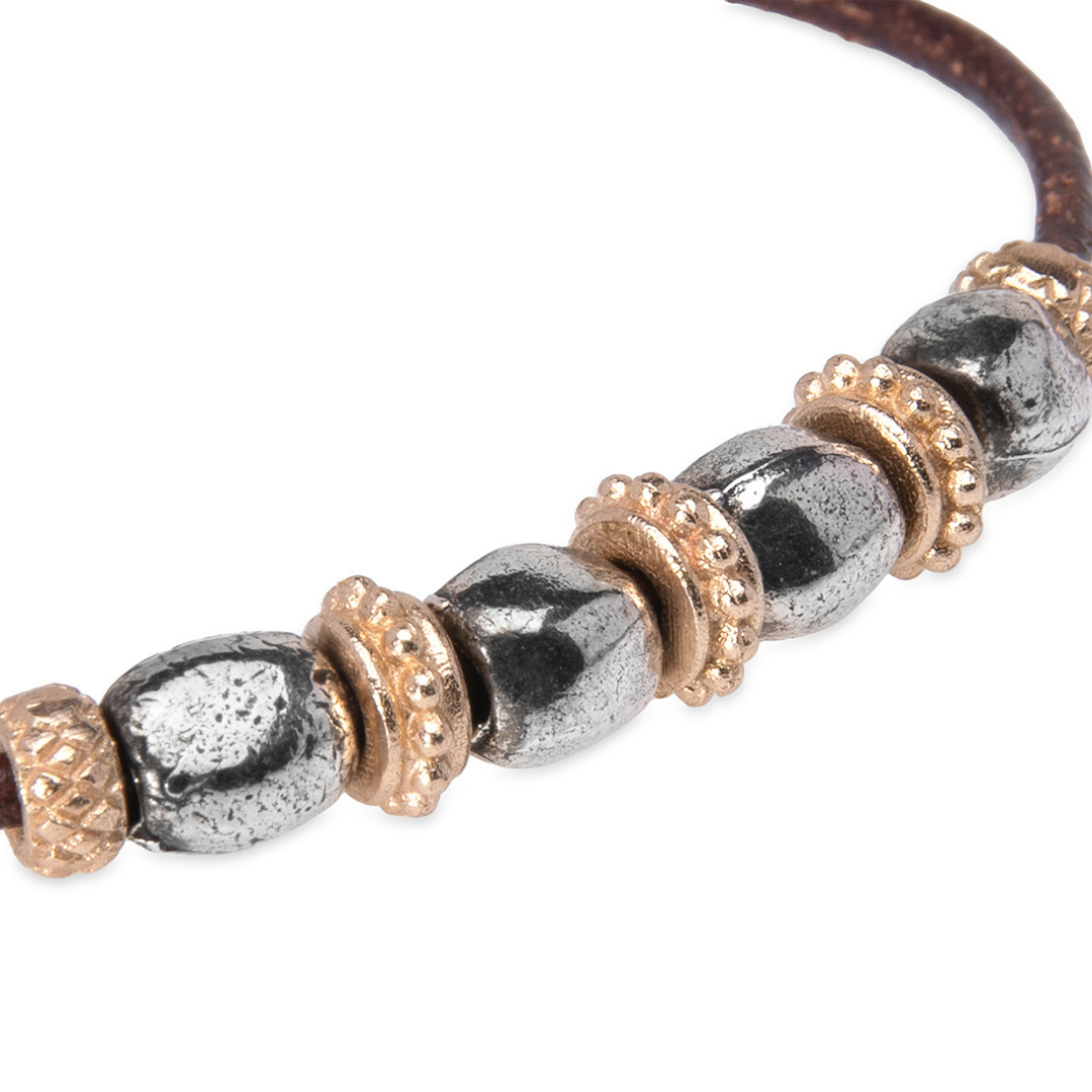 Pulsera Mujer Kojin de cuero fino con óvalos de plata 925 y cuentas de bronce