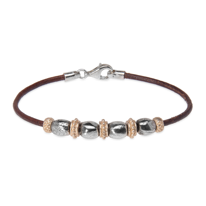 Pulsera Mujer Kojin de cuero fino con óvalos de plata 925 y cuentas de bronce