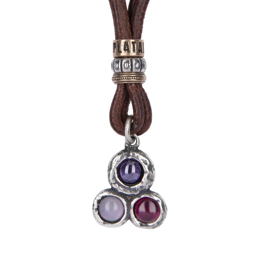 Satori women's leather necklace in 925 silver with ruby, rose, and amethyst.