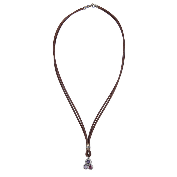 Satori women's leather necklace in 925 silver with ruby, rose, and amethyst.
