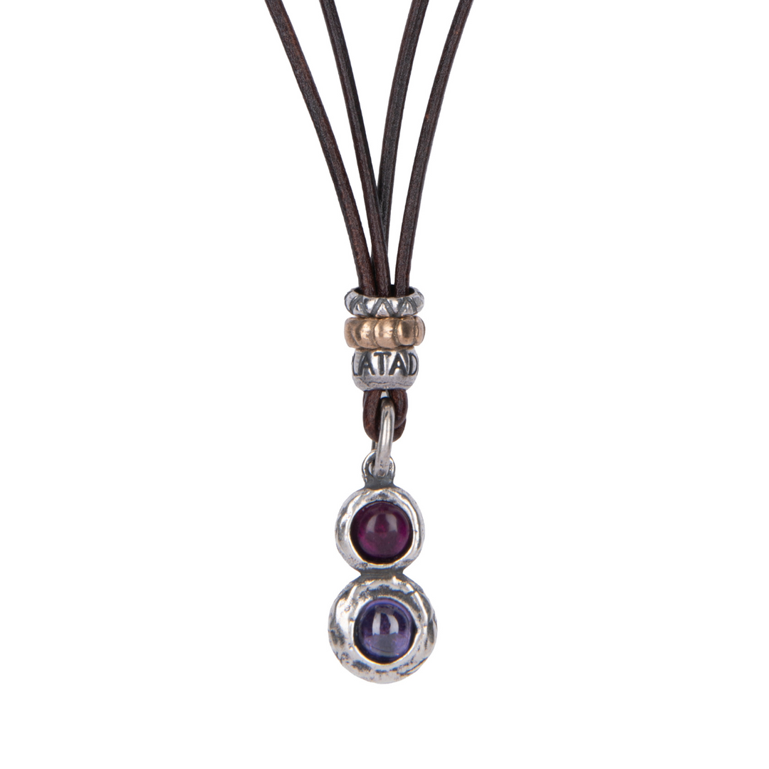 Kage women's leather necklace with 925 silver pendant and ruby ​​and amethyst 
