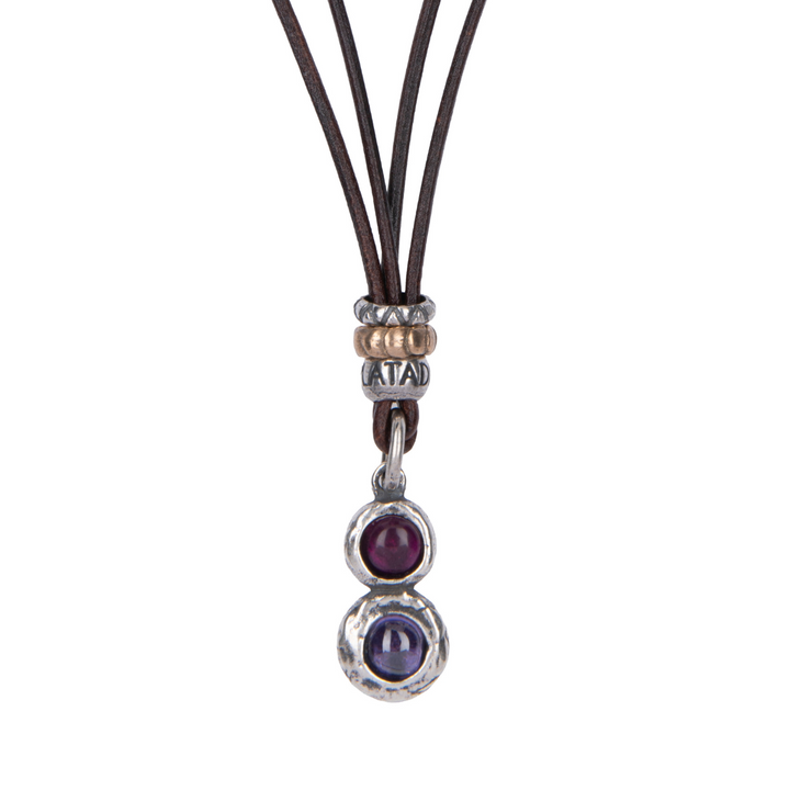 Kage women's leather necklace with 925 silver pendant and ruby ​​and amethyst 