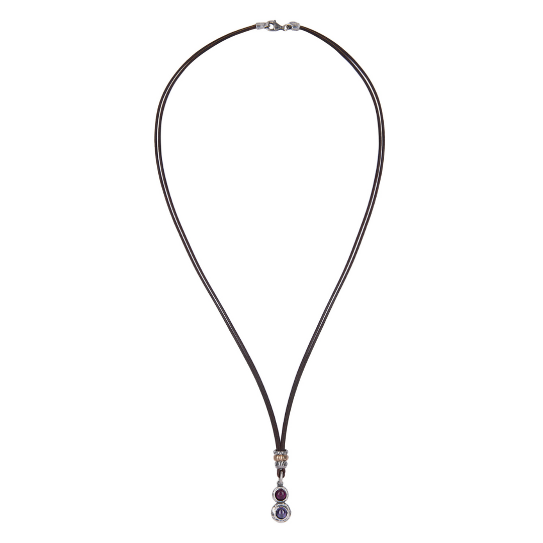 Kage women's leather necklace with 925 silver pendant and ruby ​​and amethyst 