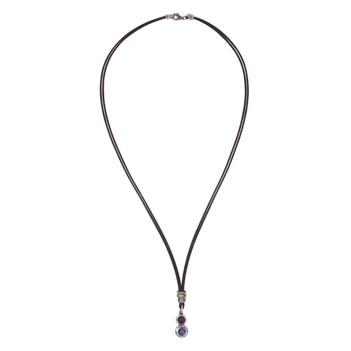 Kage women's leather necklace with 925 silver pendant and ruby ​​and amethyst 