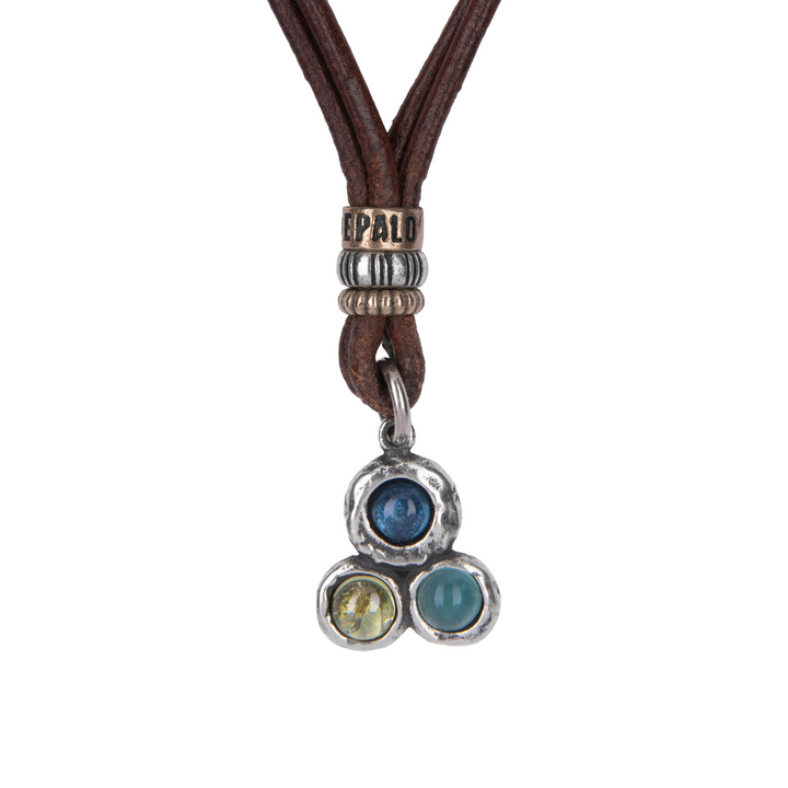 Kaiko women's leather necklace in 925 silver with aquamarine, green, and olivine.