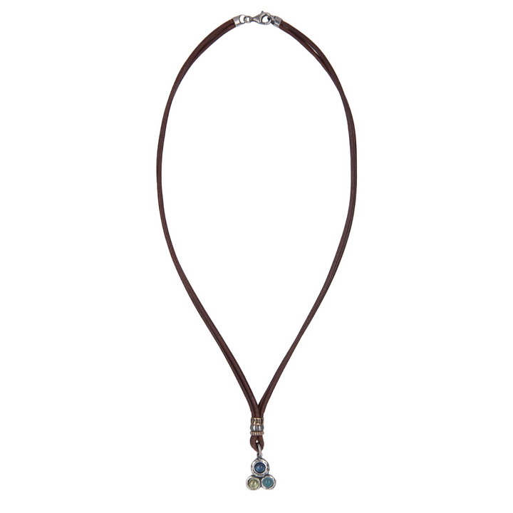 Kaiko women's leather necklace in 925 silver with aquamarine, green, and olivine.
