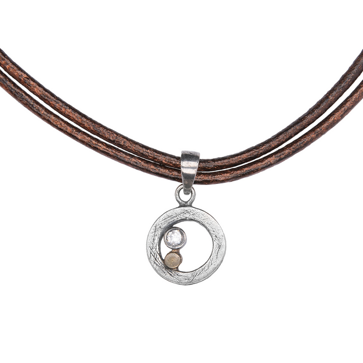 Women's leather necklace with a 925 silver spiral pendant and a bronze dot 