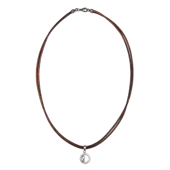 Women's leather necklace with a 925 silver spiral pendant and a bronze dot 