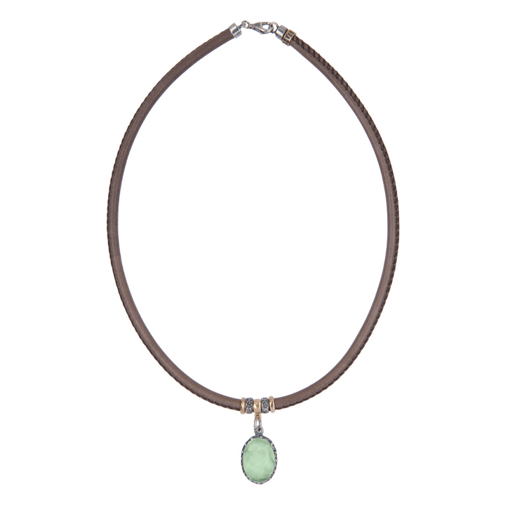 Mu Women's Necklace in Mink Leather and Prehnite Pendant