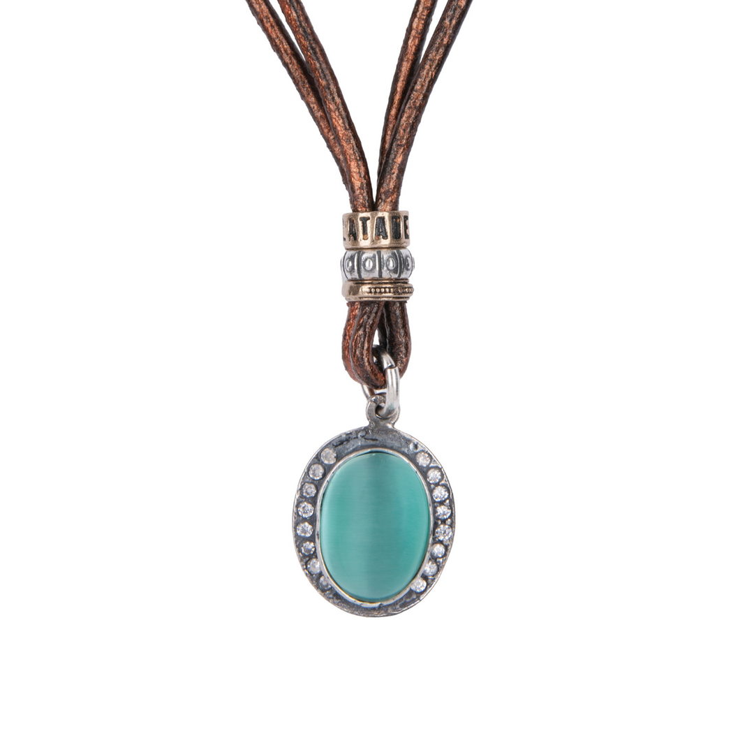 Meikai Damen-Lederhalskette mit blauem Stein und Zirkonanhänger