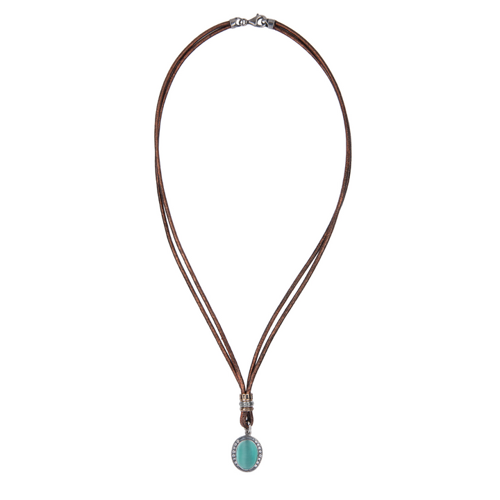 Meikai Damen-Lederhalskette mit blauem Stein und Zirkonanhänger