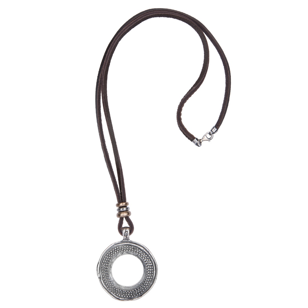 Tetsu Women's Leather Necklace with 925 Silver Circle Pendant 