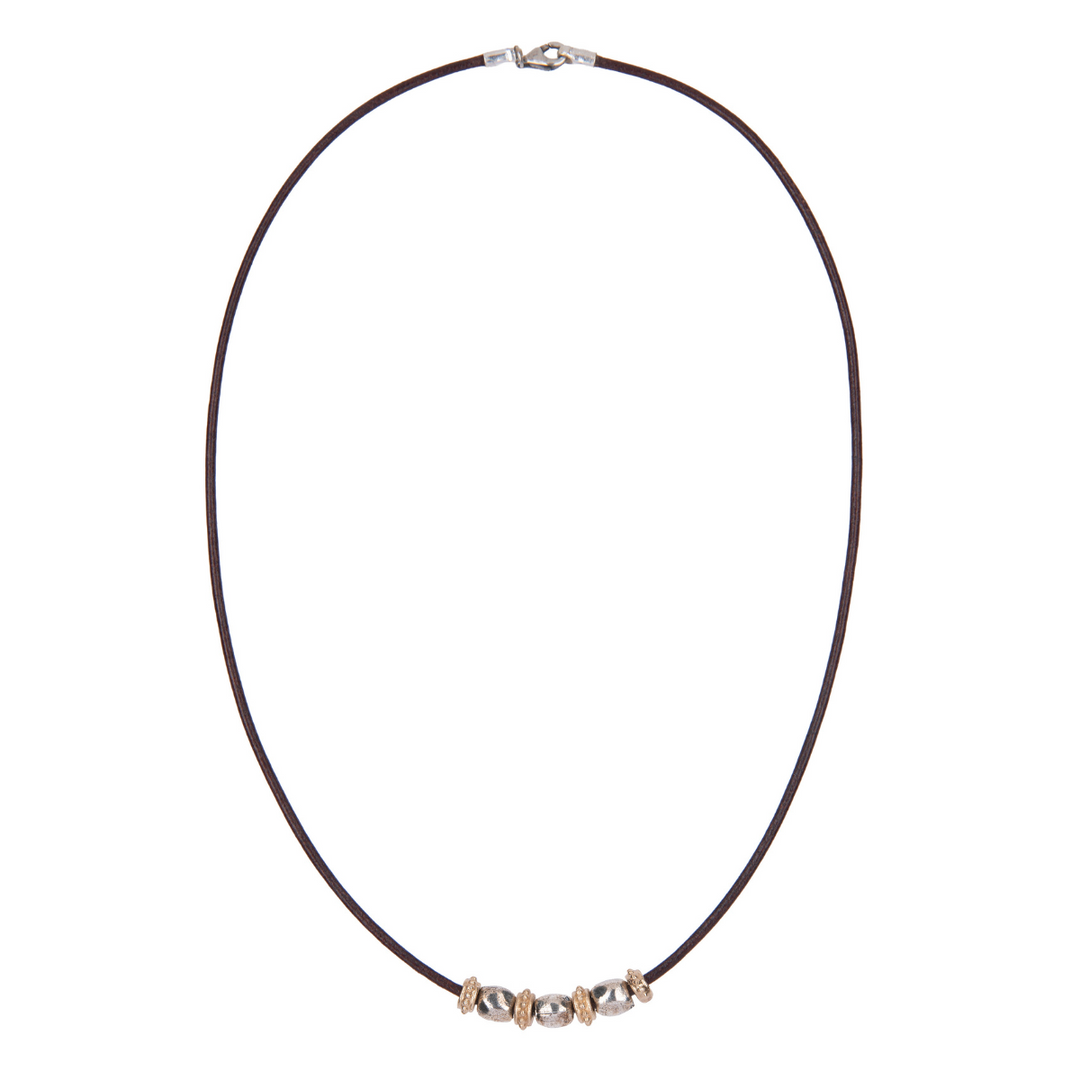 Collar Mujer Shiranami de cuero fino con óvalos de plata 925 y cuentas de bronce