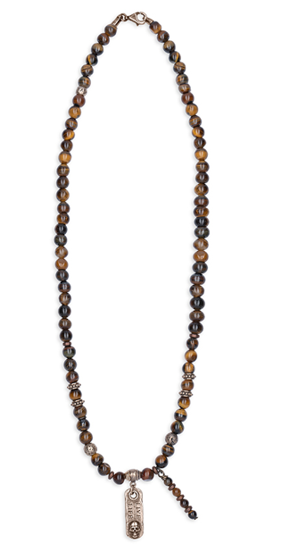 Collar Calavera Cúrcuma "live life" de Ojo de Tigre, Bronce y Plata 925