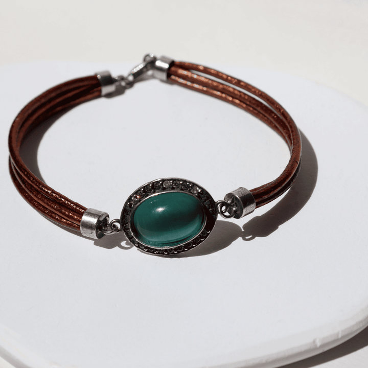 Meikai Damen-Lederarmband mit blauem Stein und Zirkonanhänger