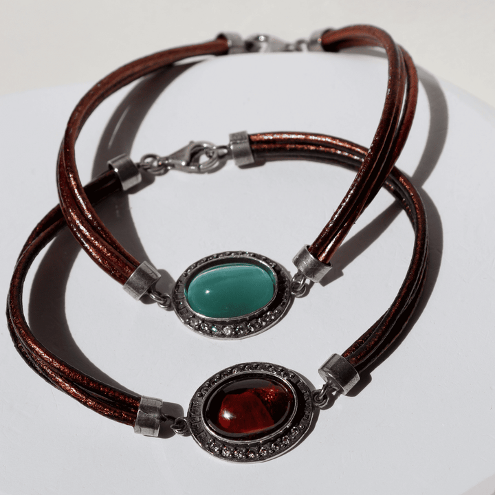 Meikai Damen-Lederarmband mit blauem Stein und Zirkonanhänger