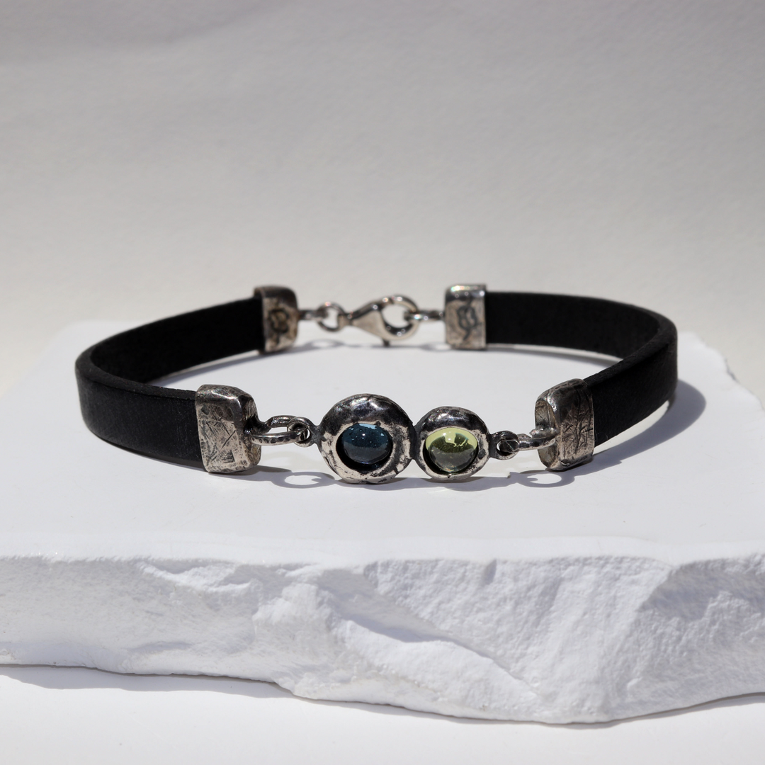 Shinkai Damen-Lederarmband mit 925er Silbermitte und Aquamarin und Olivin