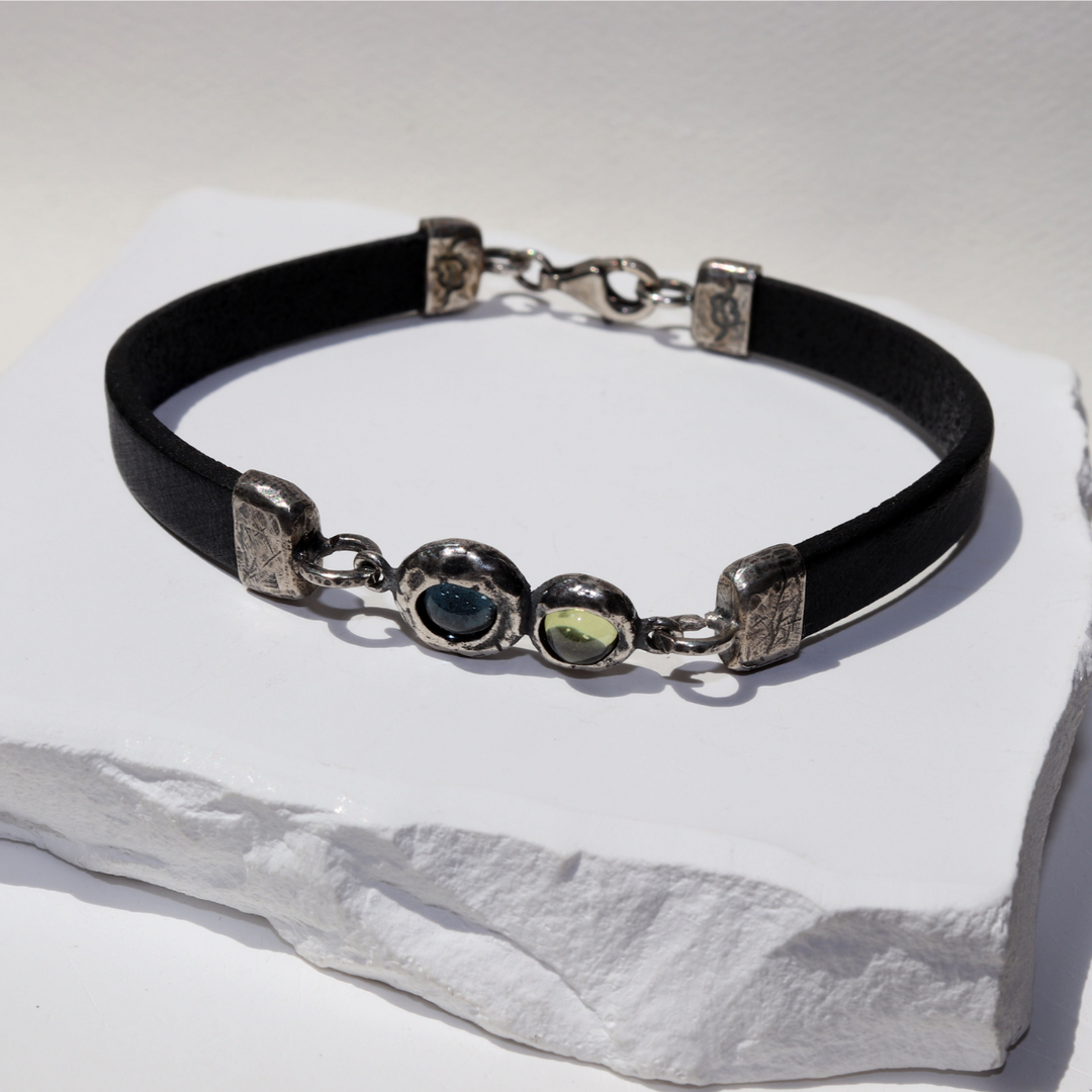 Shinkai Damen-Lederarmband mit 925er Silbermitte und Aquamarin und Olivin